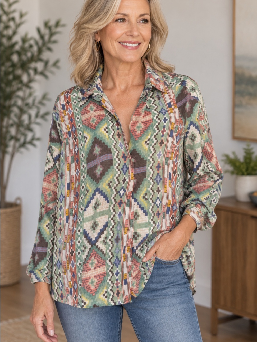 Boho Geometric Print Button-Up Blouse in Pastel Multi